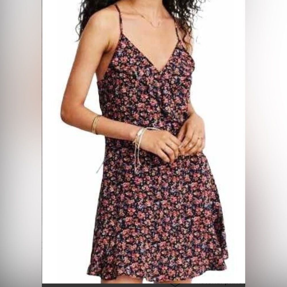 American Eagle Outfitters Black Floral Mini Dress with Lace-Up Back